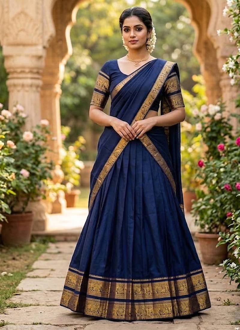 Navyblue Kanchi Cotton Zari Weaving Work Semi-stitched Lehenga Choli with Dupatta