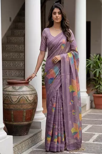 Lavender Color Dori With Printed Work Silk Saree