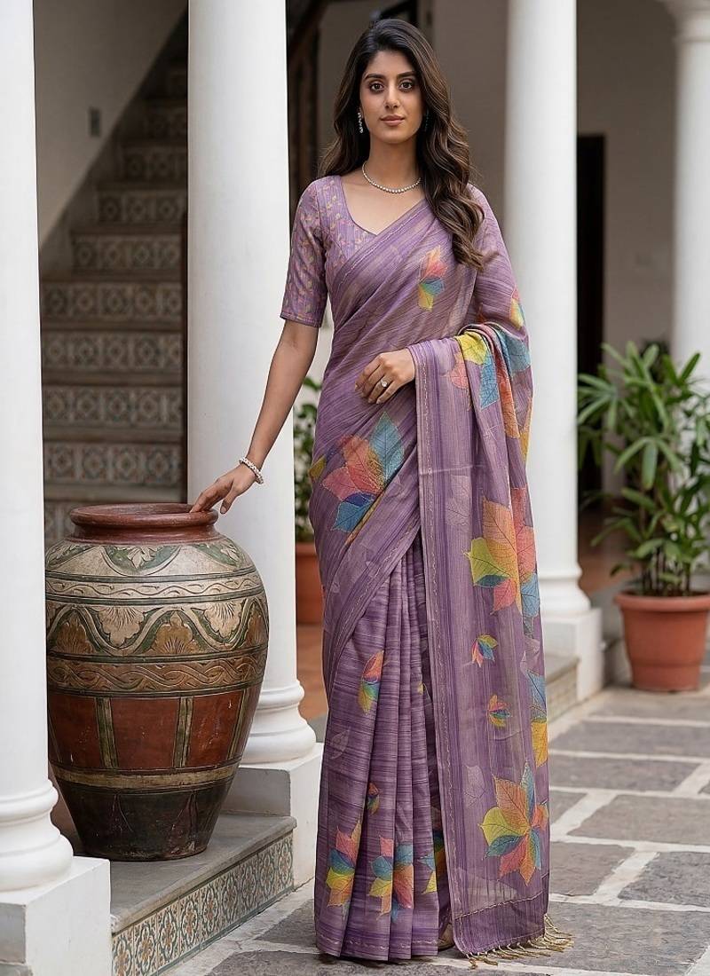 Lavender Color Dori With Printed Work Silk Saree