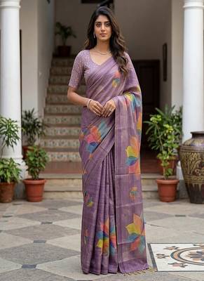 Lavender Color Dori With Printed Work Silk Saree 3