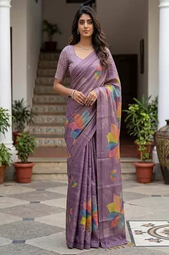 Lavender Color Dori With Printed Work Silk Saree