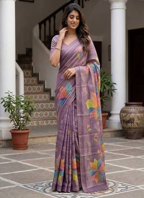 Lavender Color Dori With Printed Work Silk Saree 4
