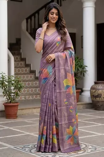 Lavender Color Dori With Printed Work Silk Saree