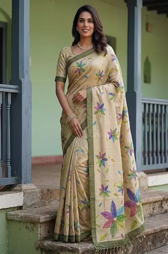 Cream Color Dori With Printed Work Virana Silk Saree