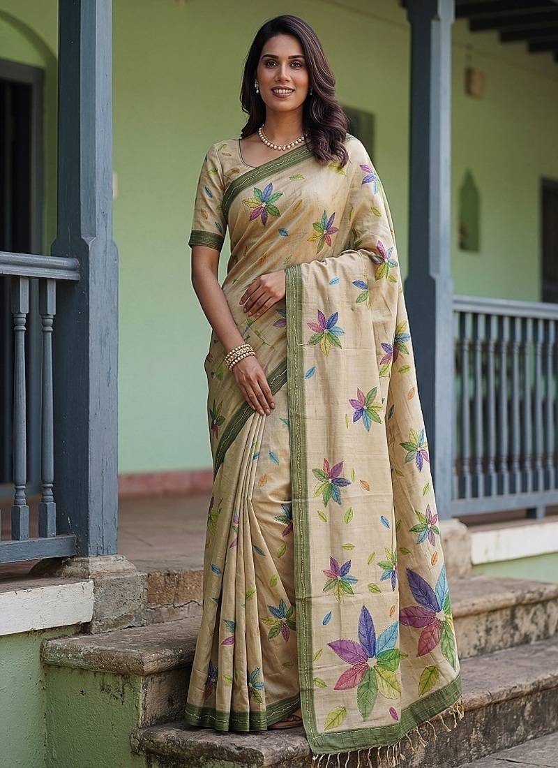 Cream Color Dori With Printed Work Virana Silk Saree