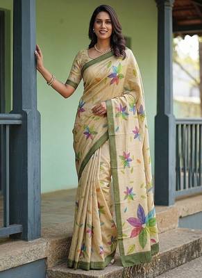 Cream Color Dori With Printed Work Virana Silk Saree 3