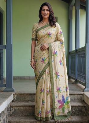 Cream Color Dori With Printed Work Virana Silk Saree 4