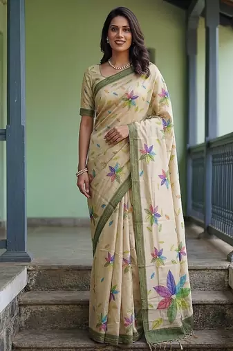 Cream Color Dori With Printed Work Virana Silk Saree