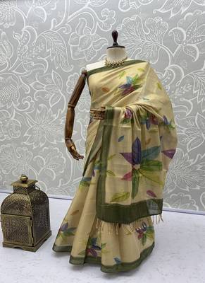 Cream Color Dori With Printed Work Virana Silk Saree 5