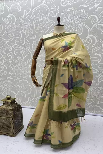 Cream Color Dori With Printed Work Virana Silk Saree
