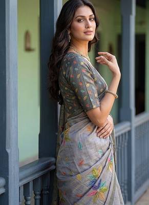 Grey Color Dori With Printed Work Silk Saree 2