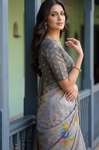 Grey Color Dori With Printed Work Silk Saree