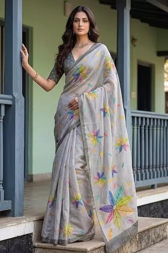 Grey Color Dori With Printed Work Silk Saree