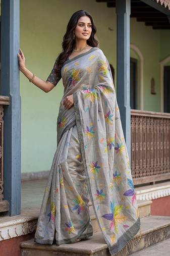 Grey Color Dori With Printed Work Silk Saree