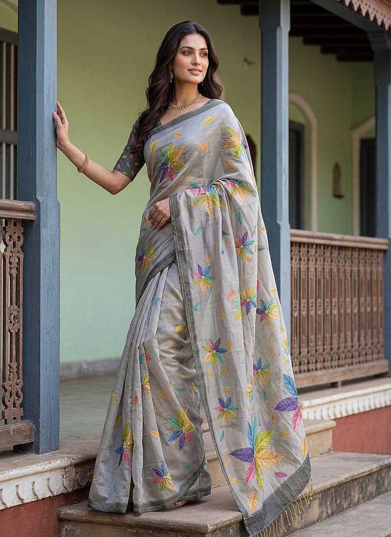 Grey Color Dori With Printed Work Silk Saree