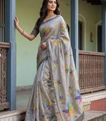 Grey Color Dori With Printed Work Silk Saree