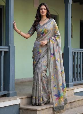 Grey Color Dori With Printed Work Silk Saree 4