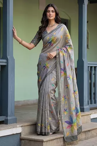 Grey Color Dori With Printed Work Silk Saree