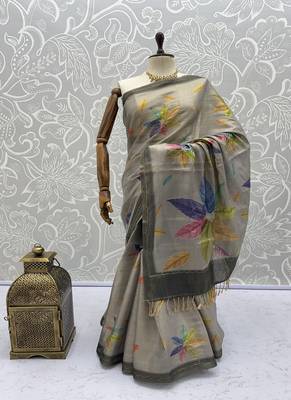 Grey Color Dori With Printed Work Silk Saree 5