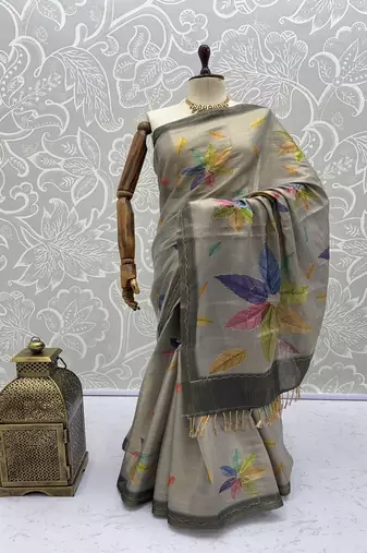 Grey Color Dori With Printed Work Silk Saree