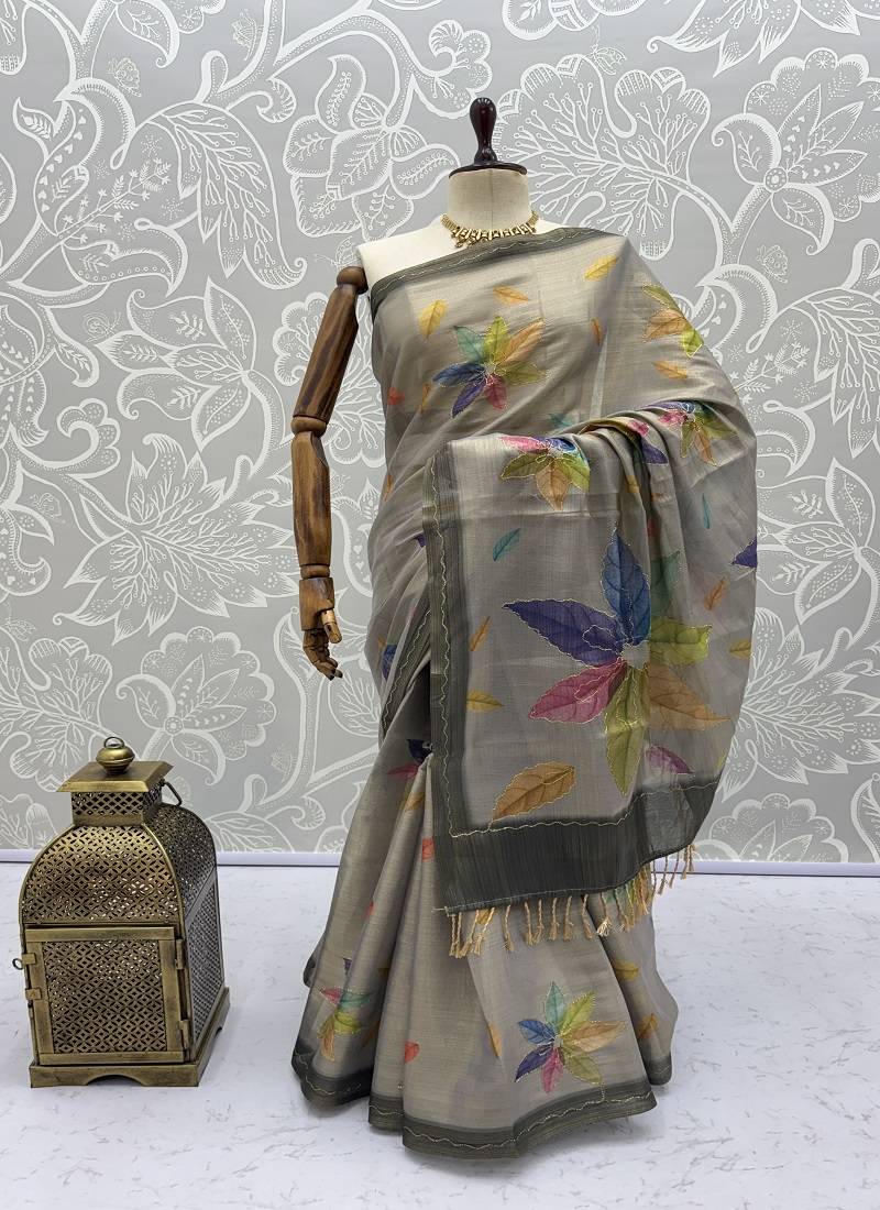 Grey Color Dori With Printed Work Silk Saree
