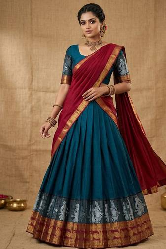 Rama Kanchi Cotton Zari Weaving Work Semi-stitched Lehenga Choli with Dupatta