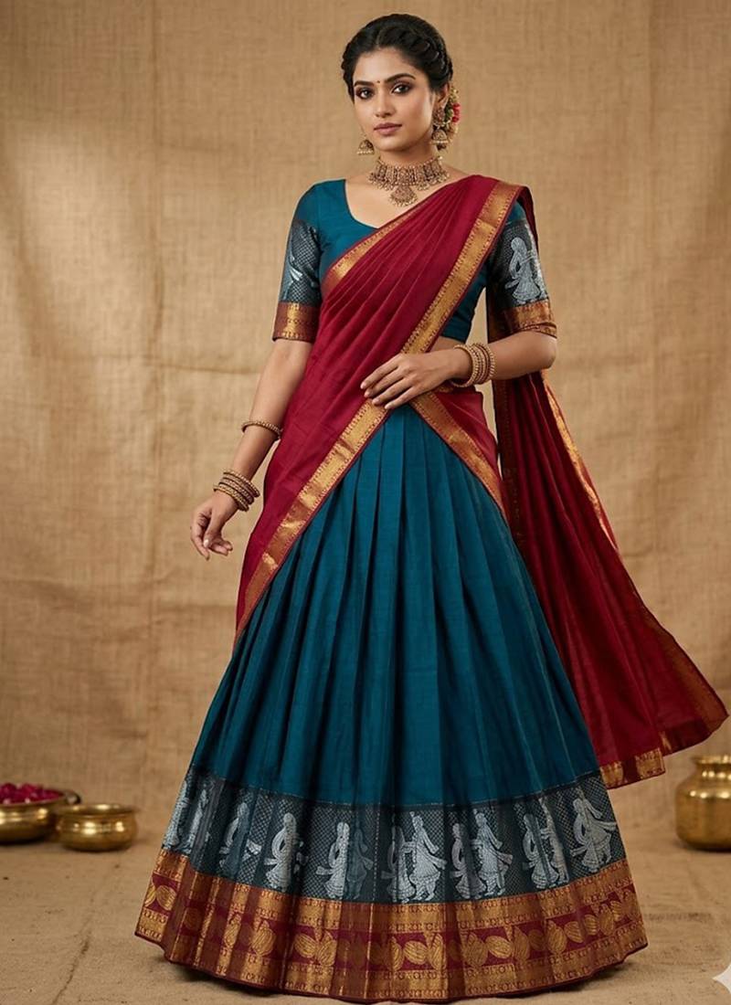 Rama Kanchi Cotton Zari Weaving Work Semi-stitched Lehenga Choli with Dupatta