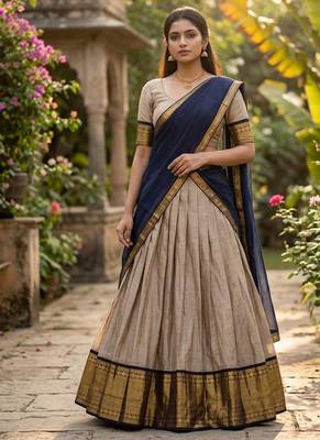 Cream Kanchi Cotton Zari Weaving Work Semi-stitched Lehenga Choli with Dupatta 1