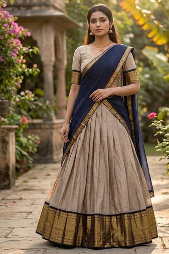 Cream Kanchi Cotton Zari Weaving Work Semi-stitched Lehenga Choli with Dupatta