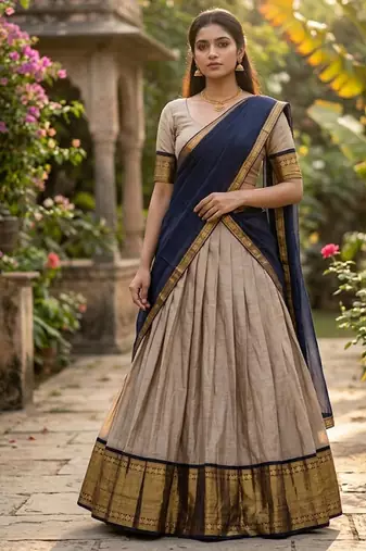 Cream Kanchi Cotton Zari Weaving Work Semi-stitched Lehenga Choli with Dupatta