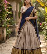Cream Kanchi Cotton Zari Weaving Work Semi-stitched Lehenga Choli with Dupatta