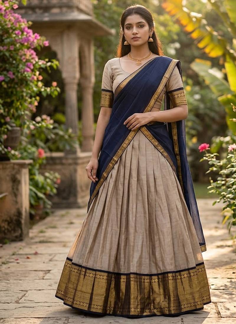 Cream Kanchi Cotton Zari Weaving Work Semi-stitched Lehenga Choli with Dupatta