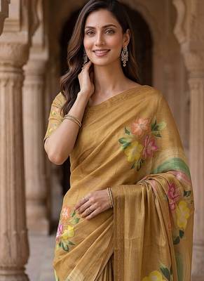 Mustard Color Dori With Printed Work Virana Silk Saree 2