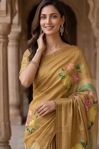 Mustard Color Dori With Printed Work Virana Silk Saree