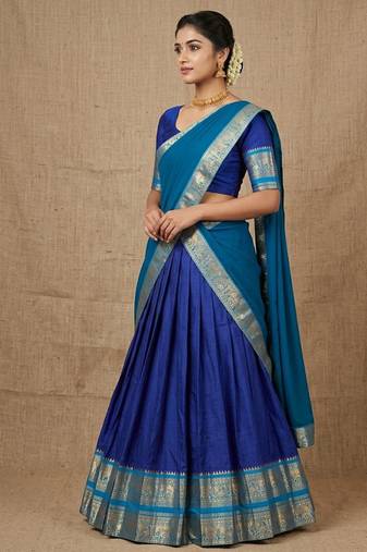 Blue Kanchi Cotton Zari Weaving Work Semi-stitched Lehenga Choli with Dupatta