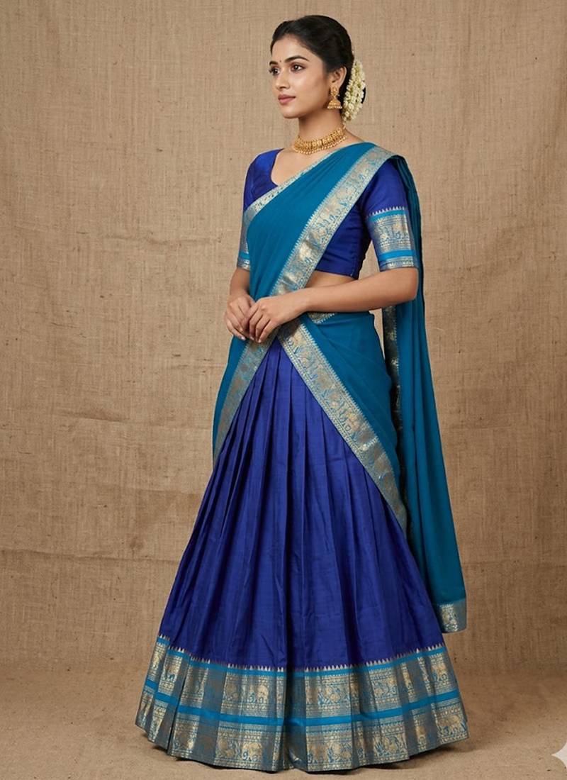 Blue Kanchi Cotton Zari Weaving Work Semi-stitched Lehenga Choli with Dupatta