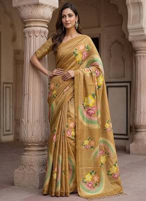 Mustard Color Dori With Printed Work Virana Silk Saree 3