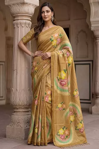 Mustard Color Dori With Printed Work Virana Silk Saree