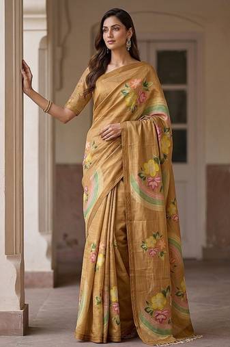 Mustard Color Dori With Printed Work Virana Silk Saree