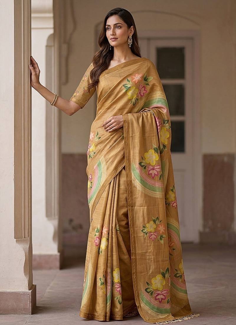 Mustard Color Dori With Printed Work Virana Silk Saree