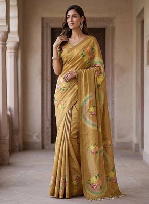 Mustard Color Dori With Printed Work Virana Silk Saree 4