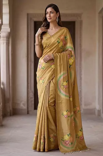 Mustard Color Dori With Printed Work Virana Silk Saree