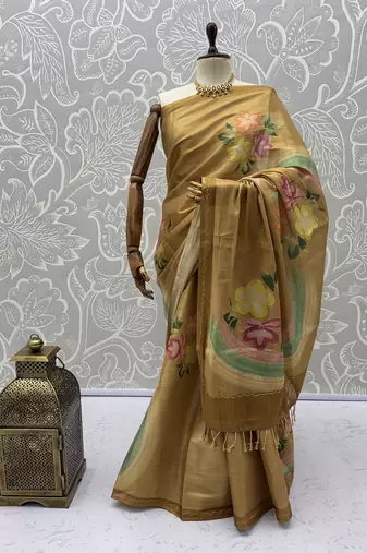 Mustard Color Dori With Printed Work Virana Silk Saree