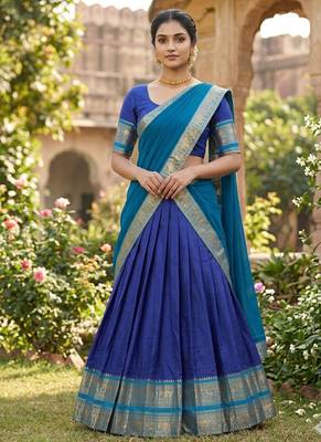 Blue Kanchi Cotton Zari Weaving Work Semi-stitched Lehenga Choli with Dupatta 2