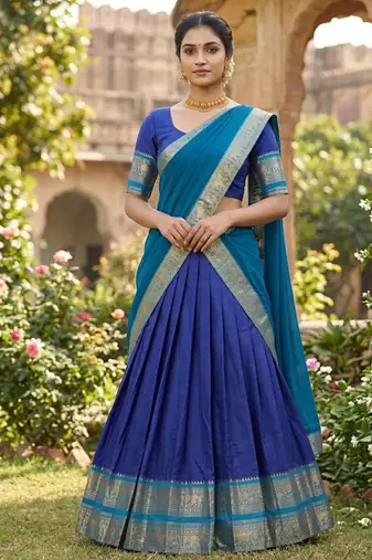 Blue Kanchi Cotton Zari Weaving Work Semi-stitched Lehenga Choli with Dupatta