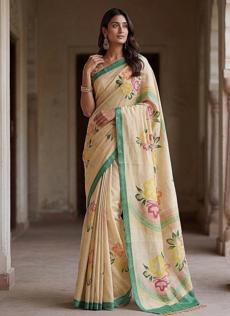 Off White Color Dori With Printed Work Silk Saree