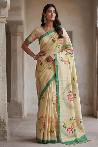 Off White Color Dori With Printed Work Silk Saree