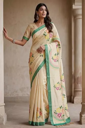Off White Color Dori With Printed Work Silk Saree
