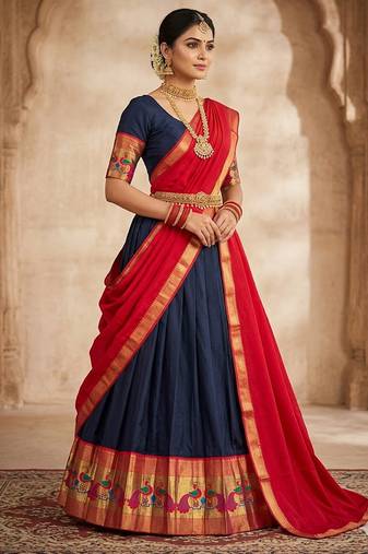 Black Kanchi Cotton Zari Weaving Work Semi-stitched Lehenga Choli with Dupatta