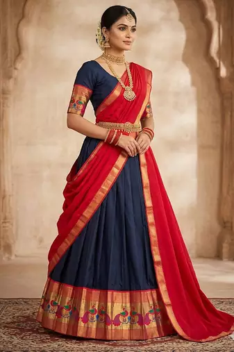 Black Kanchi Cotton Zari Weaving Work Semi-stitched Lehenga Choli with Dupatta